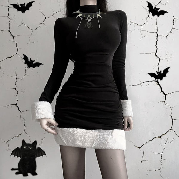 Gothic Turtleneck Long Sleeve Fur Trim Short Dress - Justskull